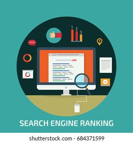 Search engine ranking on computer screen flat vector illustration with digital marketing icons