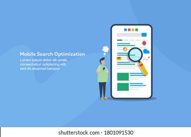 Search engine ranking on mobile screen, Mobile seo ranking, User using search engine app - conceptual vector illustration with icons