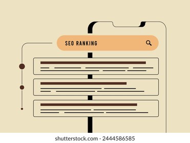 Search engine ranking - SEO analytics and search optimization success factors. Top seo ranking results outline vector illustration with icons on white background