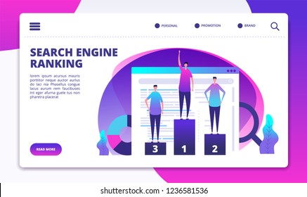 Search Engine Ranking. Seo Marketing Strategy And Website Optimization. Success Online Business Landing Vector Page