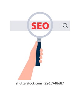 Clasificación del motor de búsqueda. Texto SEO en la barra de búsqueda. Vidrio de aumento. Análisis web y marketing seo.