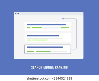 Search Engine Ranking Strategies for Higher Search Ranking with On-Site SEO and Meta Data Optimization. Illustration of search algorithm engine results seo ranking and site that rises in search result