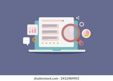 Search engine ranking, Website SEO concept, Website optimization for higher listing on search engine result page, search engine customer reviews - vector illustration background