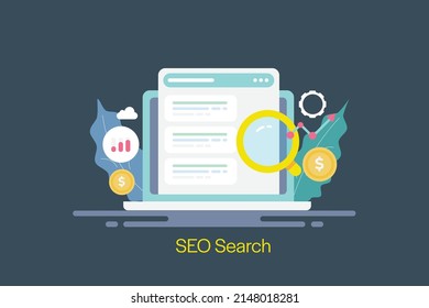 página de resultados del motor de búsqueda, optimización de SEO, marketing de búsqueda, estrategia de marketing - ilustración vectorial de diseño plano con iconos
