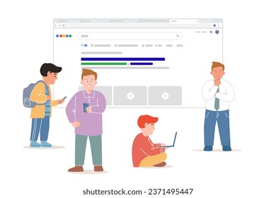 Search engine result page SEO large screen team people using smartphone and laptop looking for answer 