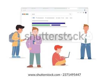 Search engine result page SEO large screen team people using smartphone and laptop looking for answer 