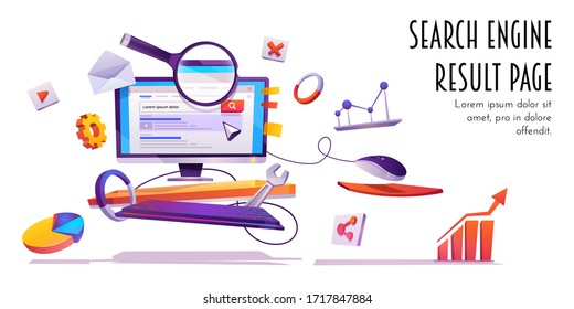 Search engine result page, SERP banner. Computer monitor with website browser information on screen, magnifying glass and infographic elements, internet surfing algorithm, Cartoon vector illustration