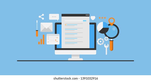 Search engine result, SEO ranking development, SEO strategy for organic traffic, flat design vector conceptual illustration