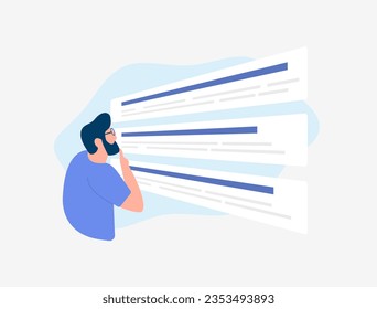 Search Engine Results Page - SERPs concept. Man looks at search result, first positions of sites or contextual advertising for search query. Vector isolated illustration on white background with icons