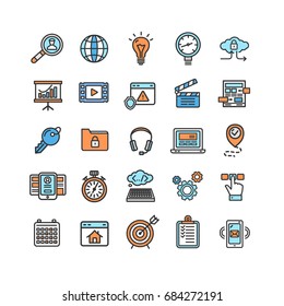 Search Engine Seo Color Thin Line Icon Set Monitoring and Support Content. Vector illustration