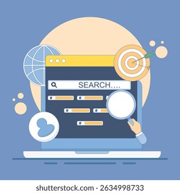 Search engine SEO Strategy Concept. search, find, or research, SEO, search engine optimization. Search Top Ranking. Change SEO ranking position. SEO top ranking. flat design illustration.