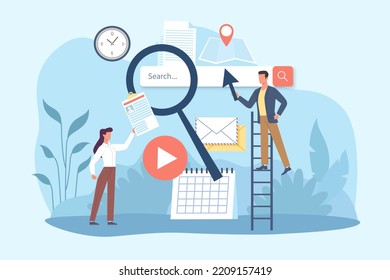 Search engine, SEO tool and reference tool for search analysis. Browsing information, tiny characters look for and find query in web browser, content tags, vector cartoon flat concept