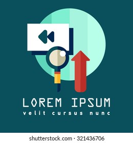 Search engine service. Flat icon with . Searching Eye with a magnifying glass, a pointing arrow Planet. Investigation concept symbol