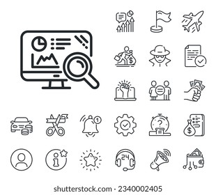 Search engine sign. Salaryman, gender equality and alert bell outline icons. Seo statistics line icon. Analytics chart symbol. Seo analytics line sign. Spy or profile placeholder icon. Vector