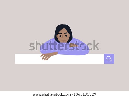 Search engine tool, a portrait of a female internet user leaning on the searching bar