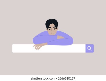 Search engine tool, a portrait of a male Asian internet user leaning on the searching bar