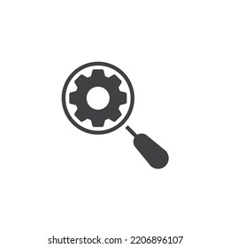 Search engine vector icon. filled flat sign for mobile concept and web design. Magnifier and gear glyph icon. Symbol, logo illustration. Vector graphics