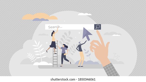 Search engine as web browser tool to find information tiny person concept. Looking up for data in online website contents vector illustration. Internet site service for info research and visualization