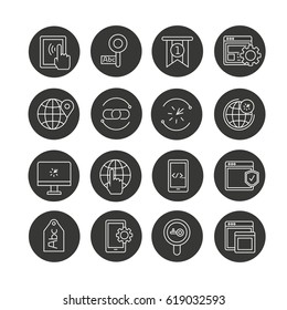 search engine and web development concept icon set in circle buttons