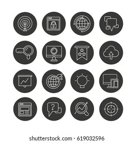 search engine and web development concept icon set in circle buttons