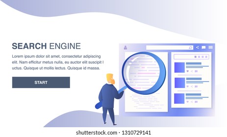 Search Engine Website Flat Vector Color Template. SEO Landing Page. Internet, Social Media, Digital Marketing Illustration. Online Advertising Strategy. Search, Web Analytics. SEM Web Banner Concept