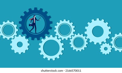 Search engines and analysis. Businessman magnifying glass on gears. Business concept vector