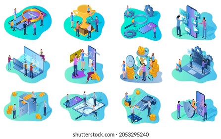Search engines,Web development,digital payments,banking, secure connections,teamwork.A set of isometric icons vector illustrations on the topic of business and technology.