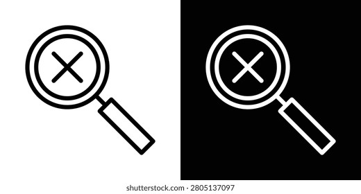 Search error icon in outline style showing a magnifying glass with an X symbol, representing no search results, search failure, invalid queries, missing content and lookup errors.