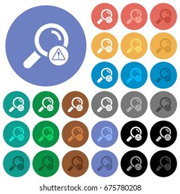 Search error multi colored flat icons on round backgrounds. Included white, light and dark icon variations for hover and active status effects, and bonus shades on black backgounds.