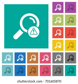 Search error multi colored flat icons on plain square backgrounds. Included white and darker icon variations for hover or active effects.