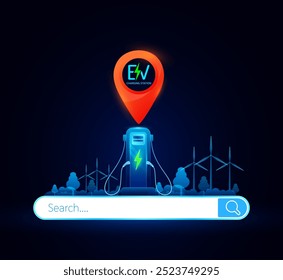 Search EV car charging station. Location pin red place on internet search bar empty. Electric vehicle alternative clean energy future to automotive industry. Isolated 3D Vector.