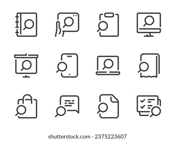 Search and Exploration vector line icons. Research, Review and Inspection outline icon set.