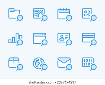 Search and Exploration vector line icons. Research, Review and Inspection outline icon set. Find Report, Location, Payment method, Global Search, Package Tracking, Code, ID card and more.