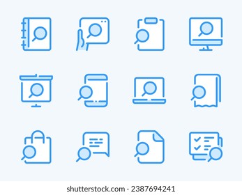 Search and Exploration vector line icons. Research, Review and Inspection outline icon set. Find Document, To-do list, Presentation, Purchase, Notebook, Receipt, Plan and more.