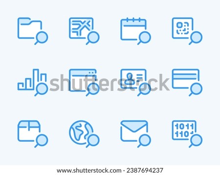Search and Exploration vector line icons. Research, Review and Inspection outline icon set. Find Report, Location, Payment method, Global Search, Package Tracking, Code, ID card and more.
