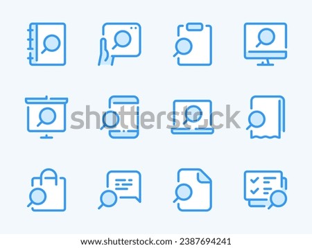 Search and Exploration vector line icons. Research, Review and Inspection outline icon set. Find Document, To-do list, Presentation, Purchase, Notebook, Receipt, Plan and more.