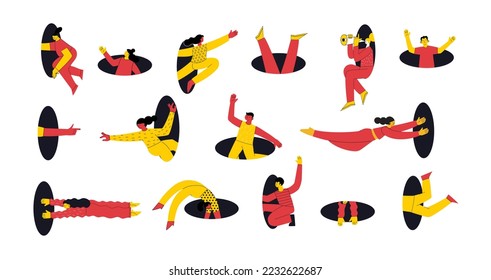 Search, explore concept. Different people coming, flying, jumping, looking through and out of holes. Happy enthusiastic funny men and women. Graphic vector illustration