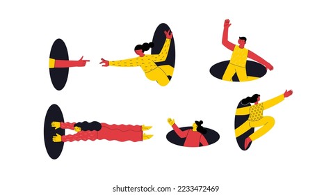 Search, explore concept. Different people coming, flying, jumping, looking through and out of holes. Happy enthusiastic funny men and women. Graphic vector illustration