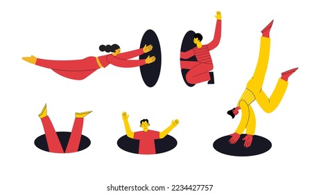 Search, explore concept. Different people coming, flying, jumping, looking through and out of holes. Happy enthusiastic funny men and women. Graphic vector illustration