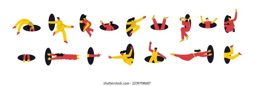 Search, explore concept. Different people coming, flying, jumping, looking through and out of holes. Happy enthusiastic funny men and women. Graphic vector illustration