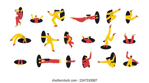 Search, explore concept. Different people coming, flying, jumping, looking through and out of holes. Happy enthusiastic funny men and women. Graphic vector illustration