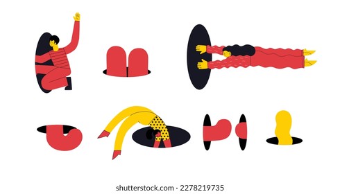 Search, explore concept. Different people coming, flying, jumping, looking through and out of holes. Happy enthusiastic funny men and women. Graphic vector illustration