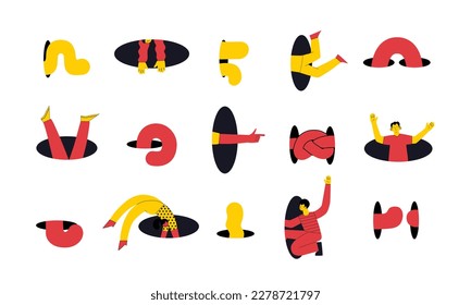 Search, explore concept. Different people coming, flying, jumping, looking through and out of holes. Happy enthusiastic funny men and women. Graphic vector illustration