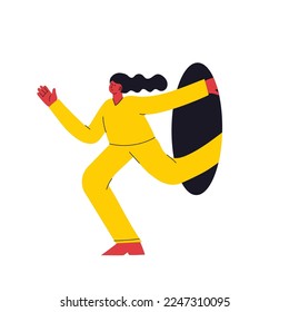 Search, explore concept. Happy enthusiastic funny woman coming out the hole. Graphic vector illustration