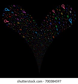 Search explosive stream. Vector illustration style is flat bright multicolored iconic search symbols on a black background. Object fountain done from random pictograms.