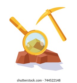 Search and extraction of gold, pick, earth, magnifier, bitcoin mining concept flat vector illustration