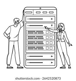 search faq schema vector. structured website, markup question, answer format search faq schema character. people black line pencil drawing illustration