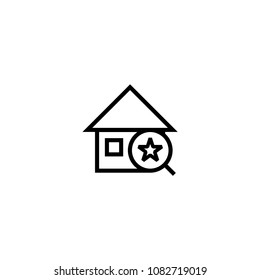 search favorite house icon. home with magnifying glass and star symbol. simple clean thin outline style design.