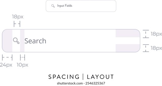 Search field CTA button guideline properties with dimension, spacing, layout for UI design. Brand guidelines,