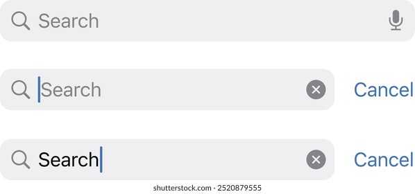 Search Field, State, Placeholder, Focused, Typing, magnifying, cross, close, Type. Search bar boxes set. Web UI elements for browsers with text field and button for UI.